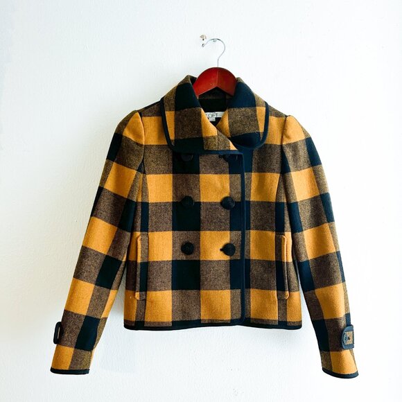 LOFT Wool Buffalo Check Double Breasted Navy/Gold Swing Coat - Picture 1 of 12